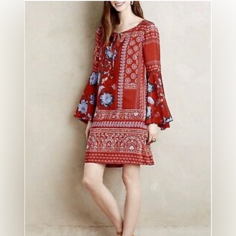 Anthropologie Red and Blue Long Sleeve Dress